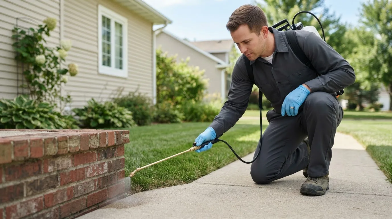 Pest control technician treating a home near Hessel, MI