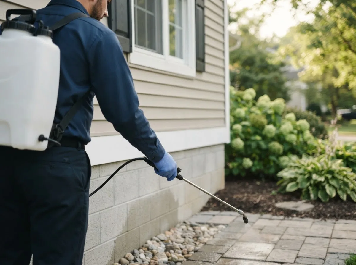Pest control technician inspecting a home in Hessel, MI